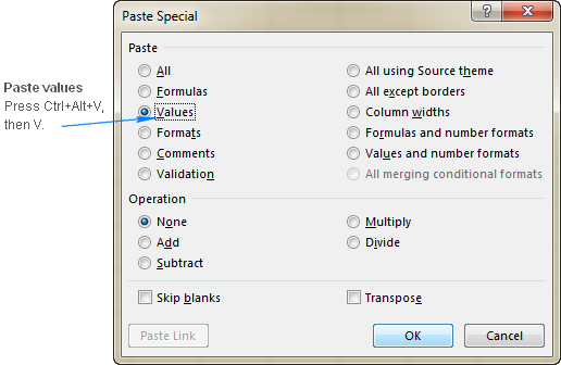 shortcut in excel 2011 for paste special values mac